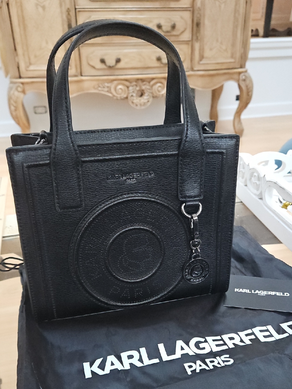 Karl Lagerfeld Black Textured Leather Crossbody Mini Tote with Charm